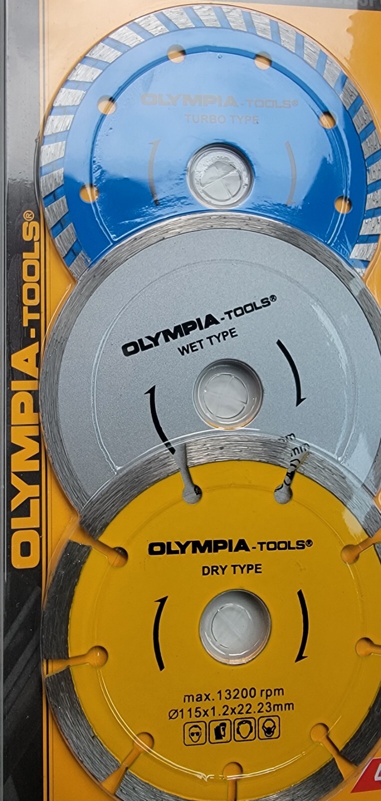 Olympia Tools 3pc Diamond Saw Blade.Turbo type,Wet type,Dry type . 4,5 "