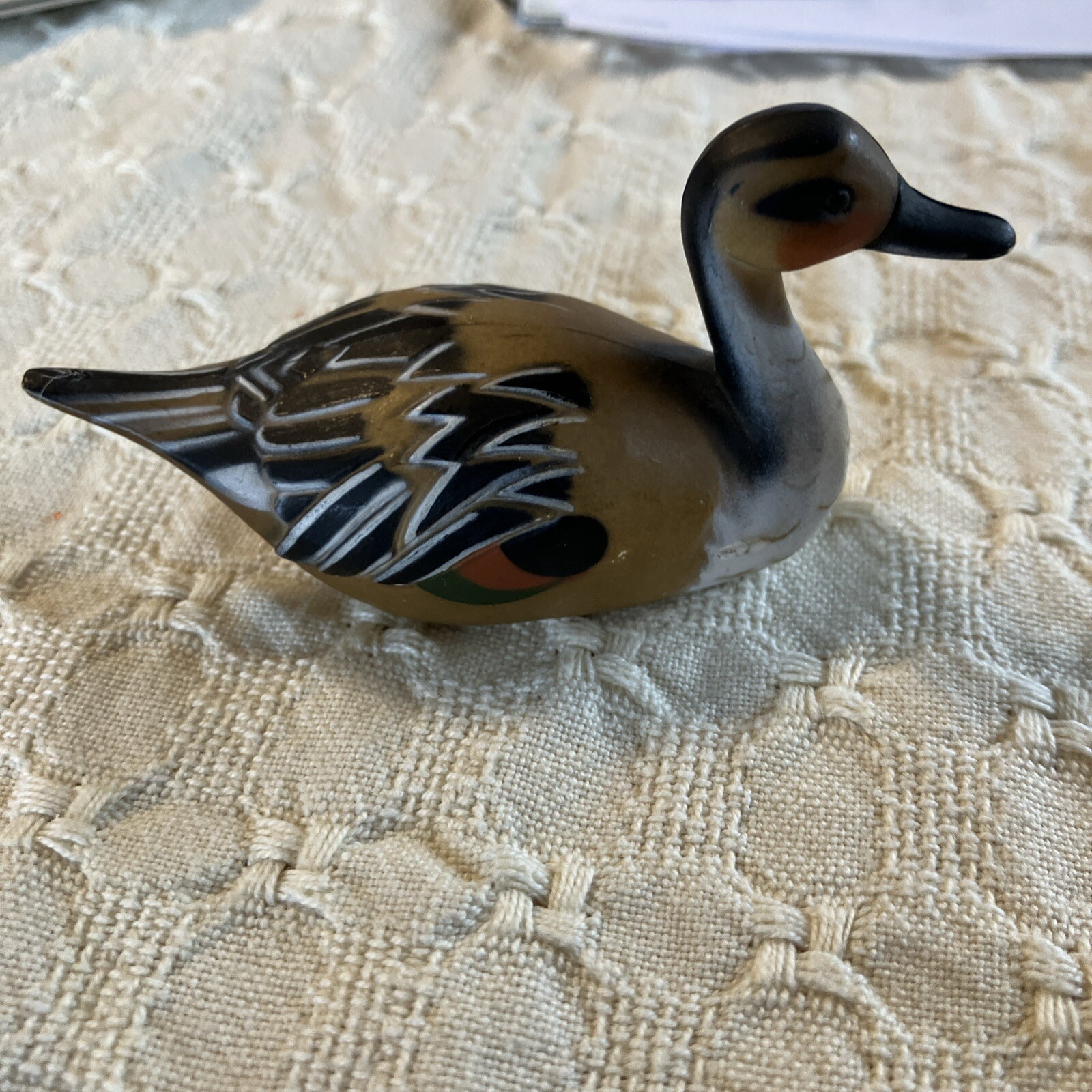 Vintage Brown White Mallard Wood Duck  Novelty 3.25" x 1.5 Figurine