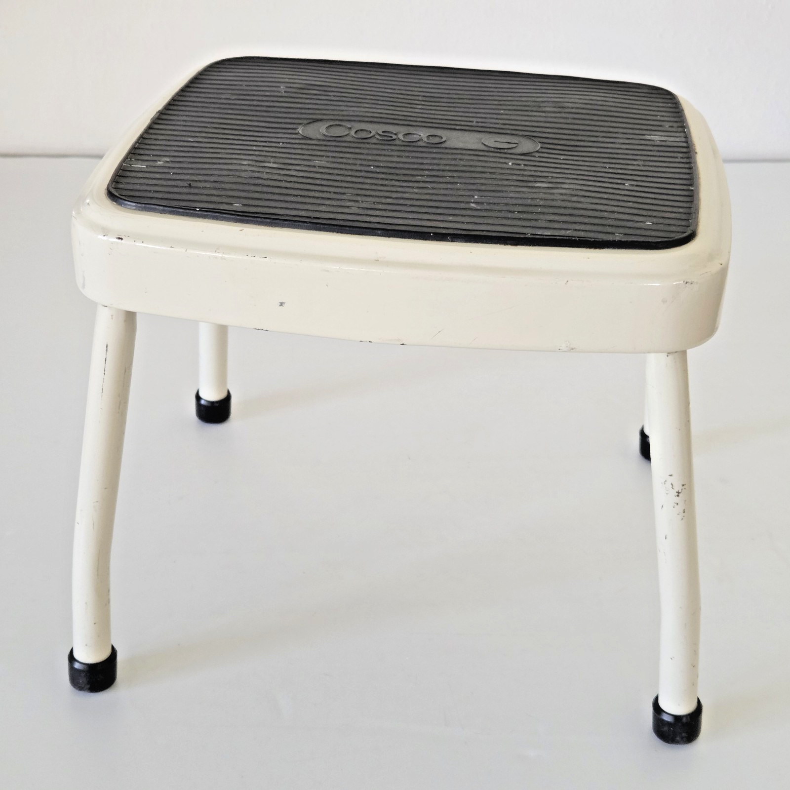 Vintage COSCO Mid Century Cream Color One-Step Metal STOOL with Rubber Top