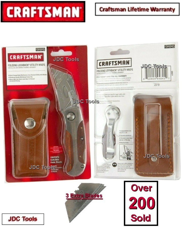 CRAFTSMAN  FOLDING LOCKBACK UTILITY KNIFE 94845 WITH LEATHER SHEATH w 3 BLADES