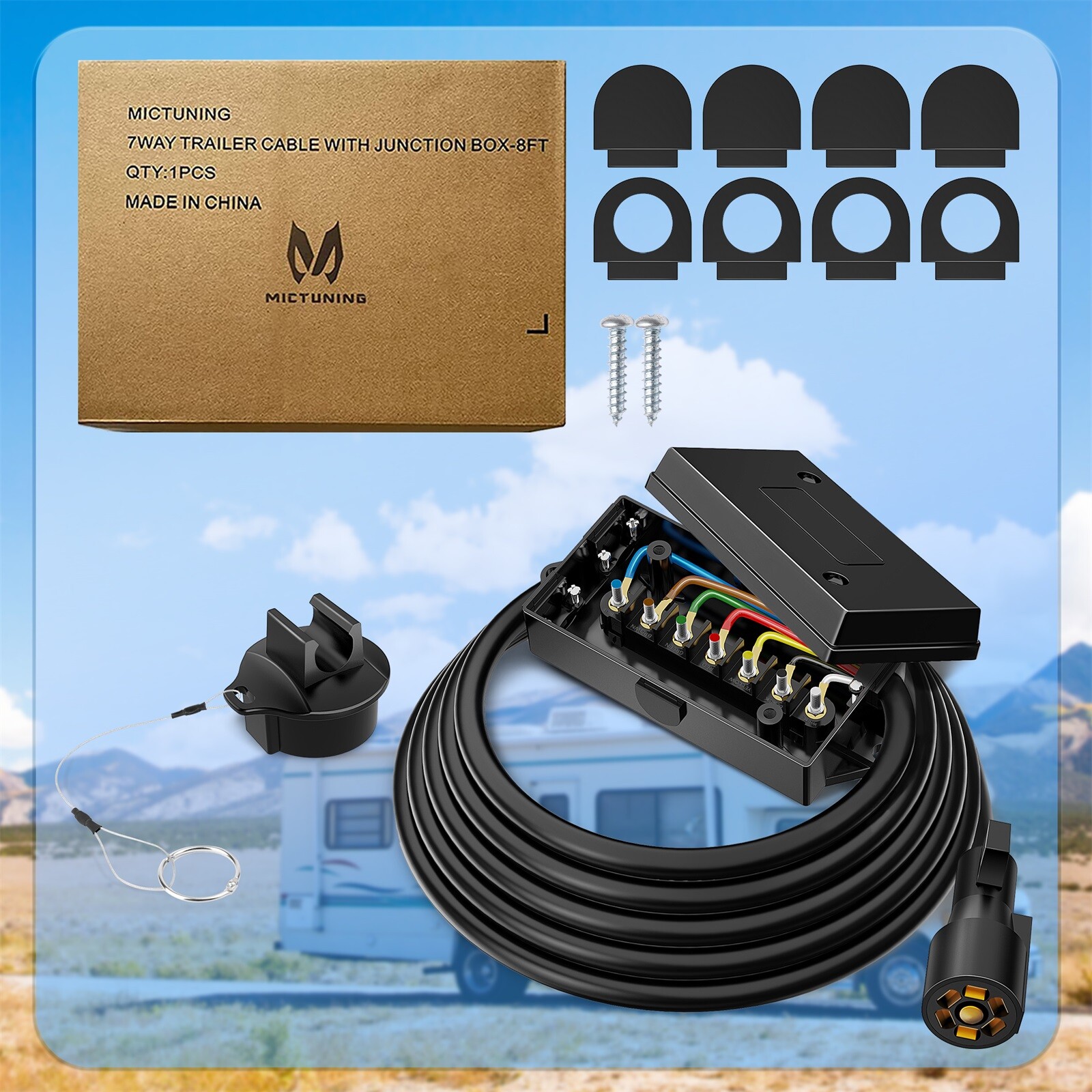 MICTUNING 8FT Trailer Cord with 7-Way Plug Inline Junction Box, Wiring Harness