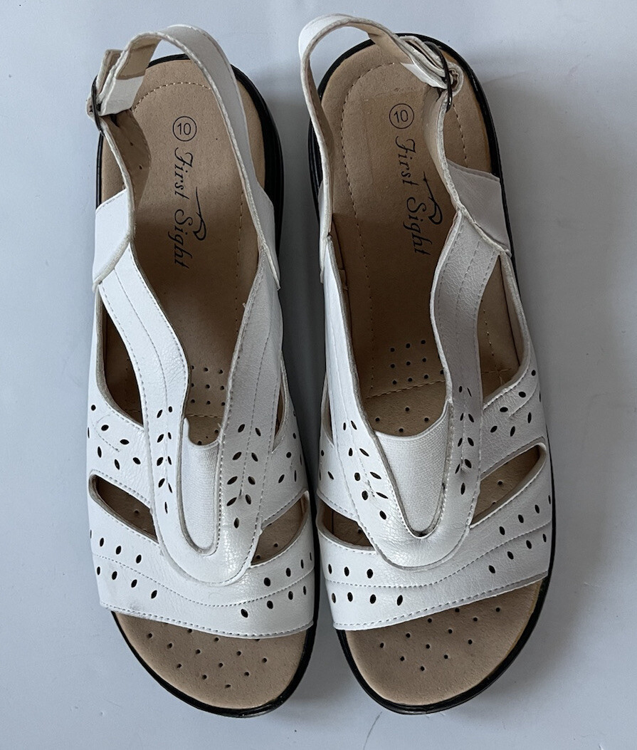 First Sight Women’s Flat Wedge Sandals Faux Leather Adjustable Back strap Size10