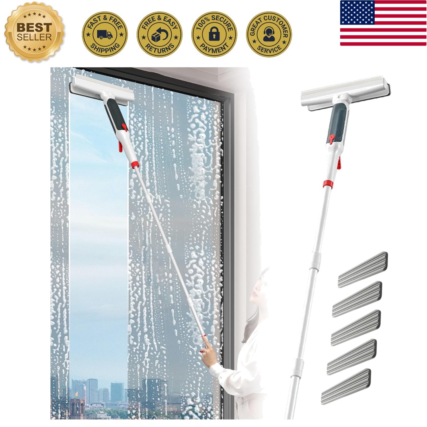 75'' Spray Window Washing Kit with 4-Section Extension Pole, 4 in 1 Window Wa...