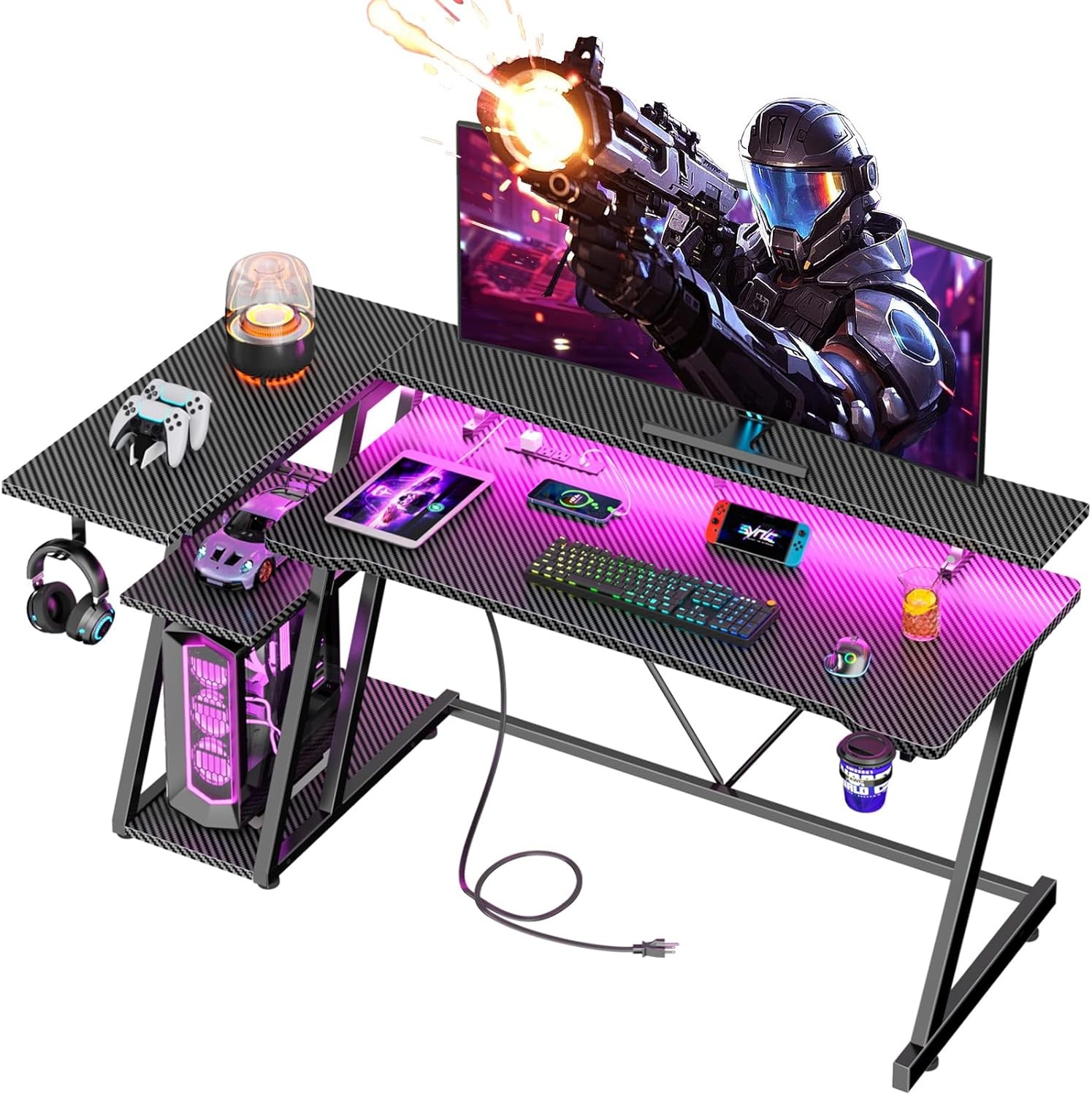 55 Inch Gaming Desk with Power Outlet & LED Lights, L Shaped Gamer Computer