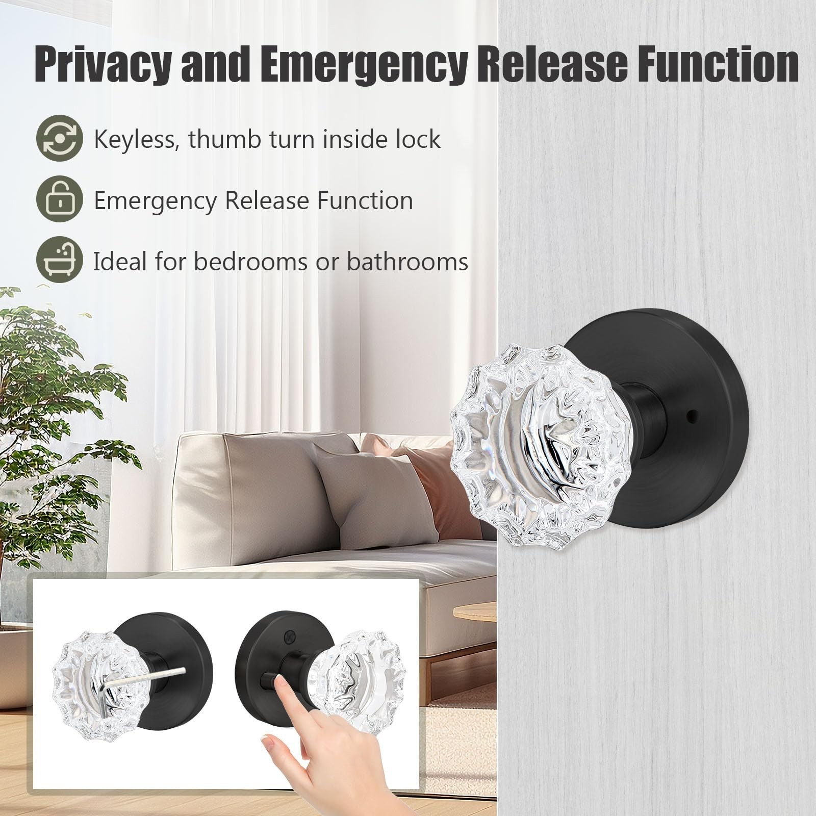 Solid Crystal Glass Door Knobs (Black, Privacy) | Vintage Round Interior Door...