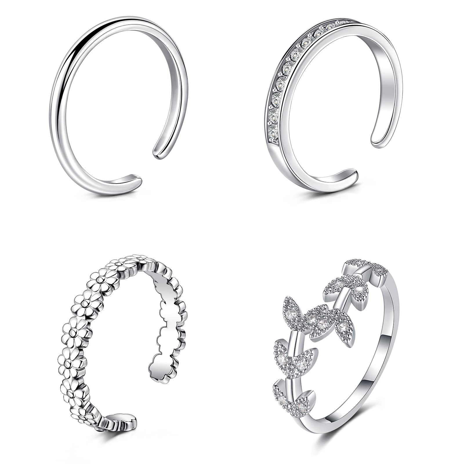 JFORYOU 4Pcs Toe Rings for Women Silver Adjustable, 4pcs-silver toe rings