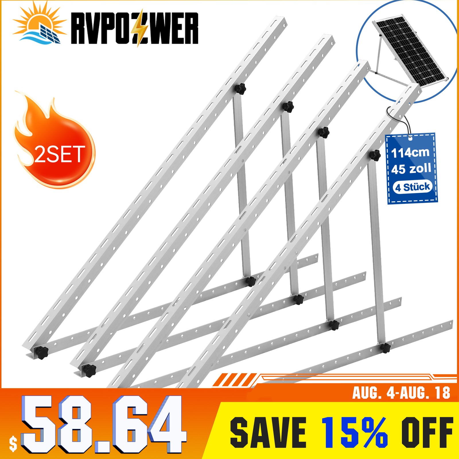 45 inch Adjustable Solar Panel RV Tilt Mount Brackets (2 Set) RV Kit System Flat