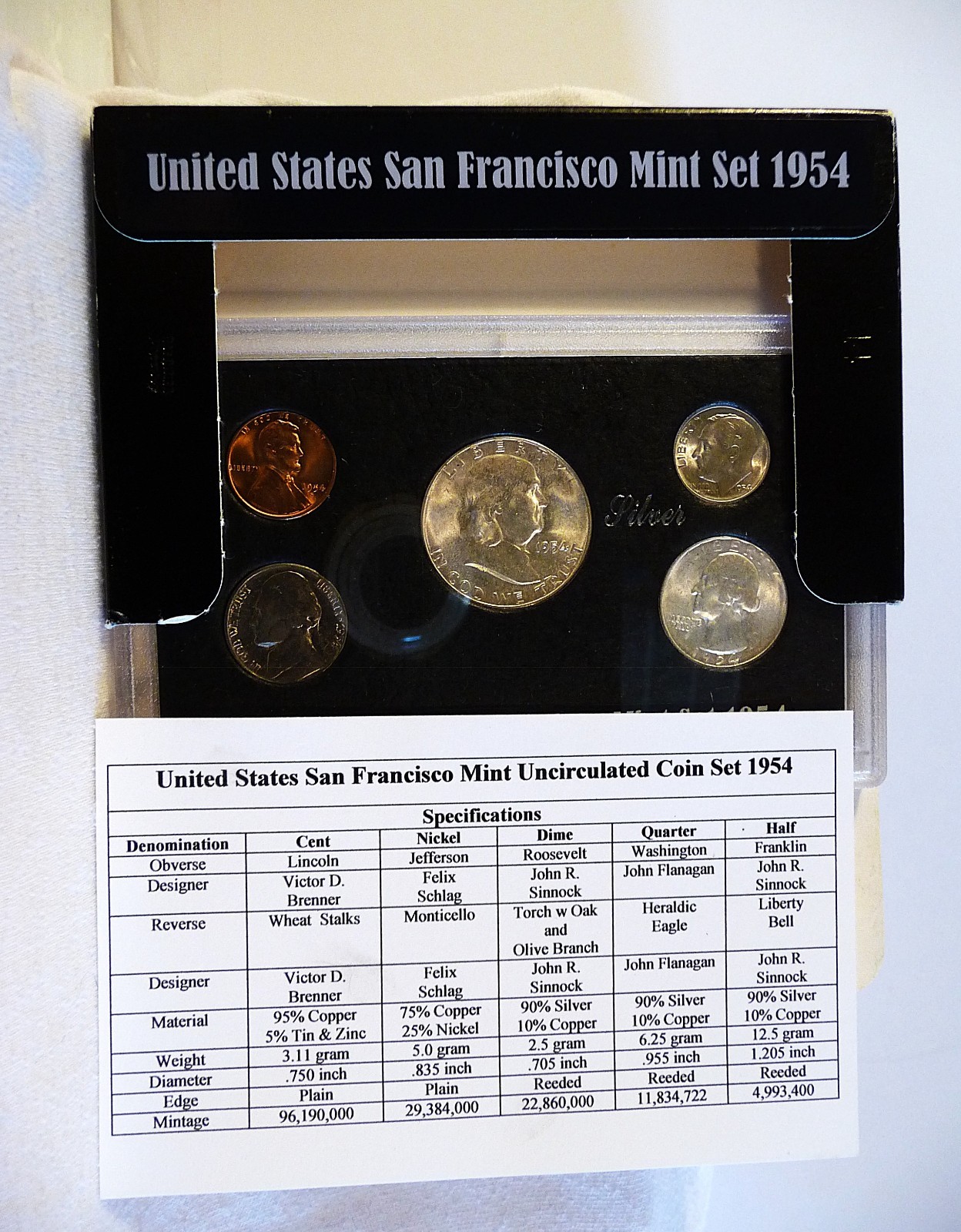 1954 S San Francisco Mint 5 coin set Unc. Uncirculated with 3 90% silver coin