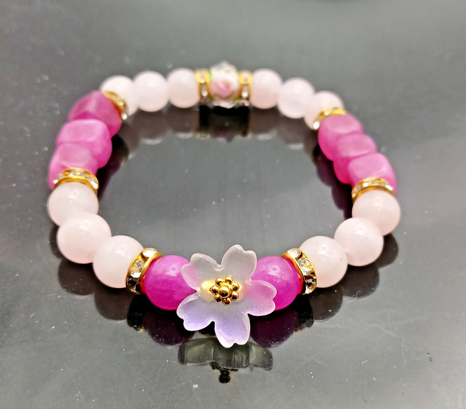 Girly Girly Bracelet!  Rhodochrosite, Pink Quartz, Lampwork Pink