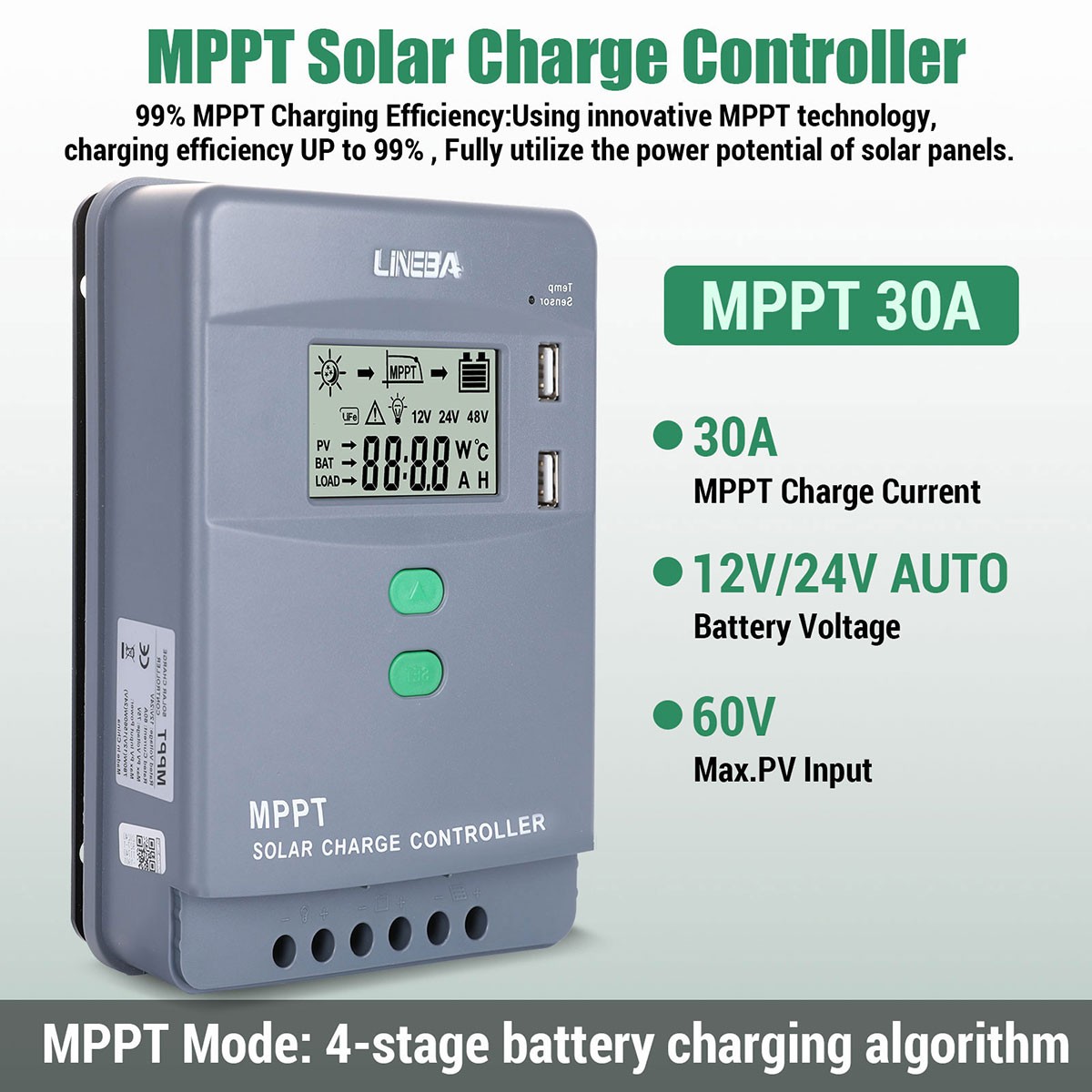 30A MPPT 12V 24V Solar Charge Controller with LCD Display Auto Regulator 2 USB