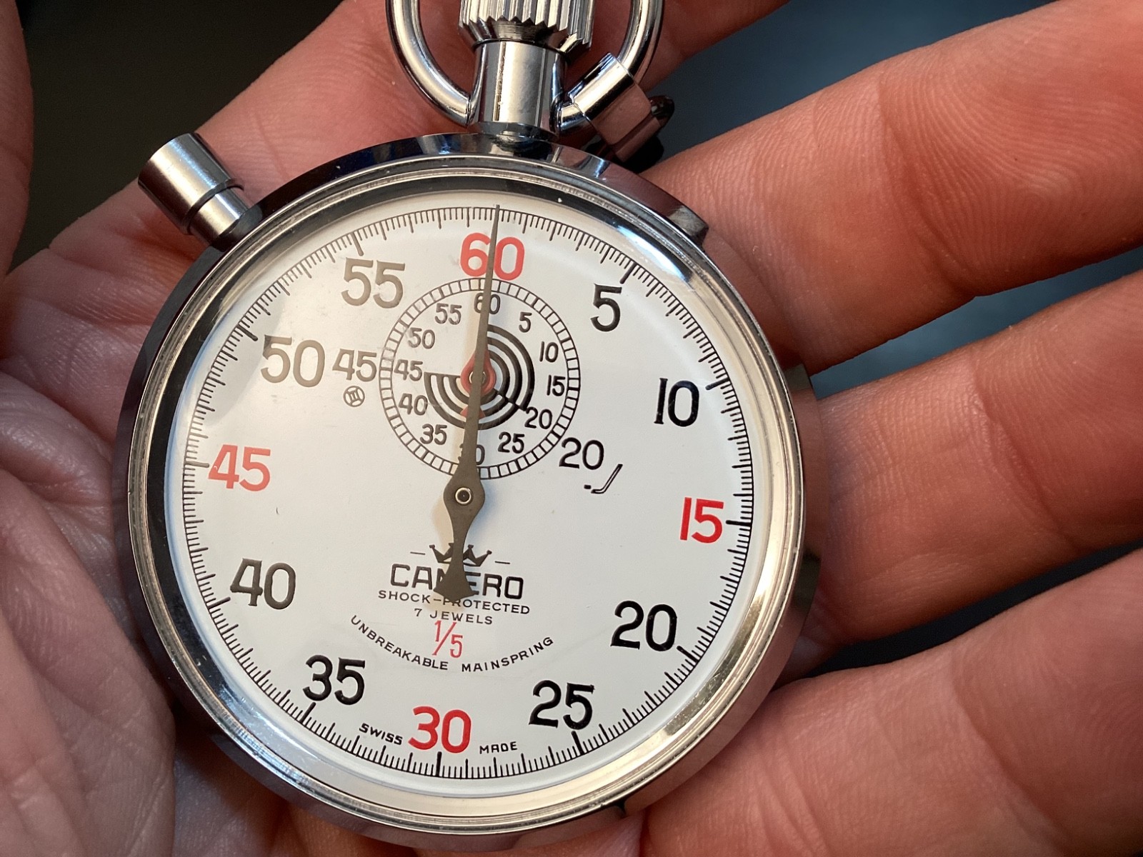 Vintage Swiss Camero 7 Jewels 1/5 Stopwatch Shock Protected