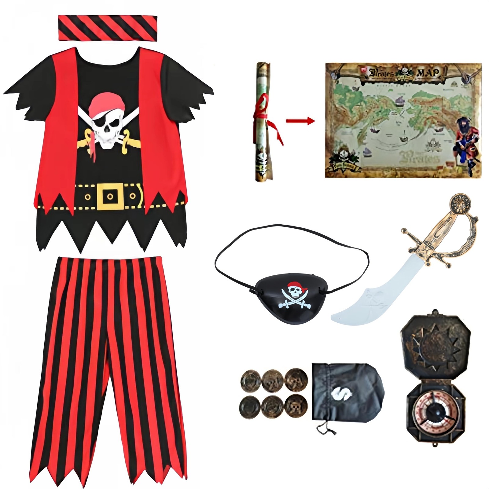 Kids Pirate Costume,Pirate Role Play Dress Up Set 5-6years 8pcs Set