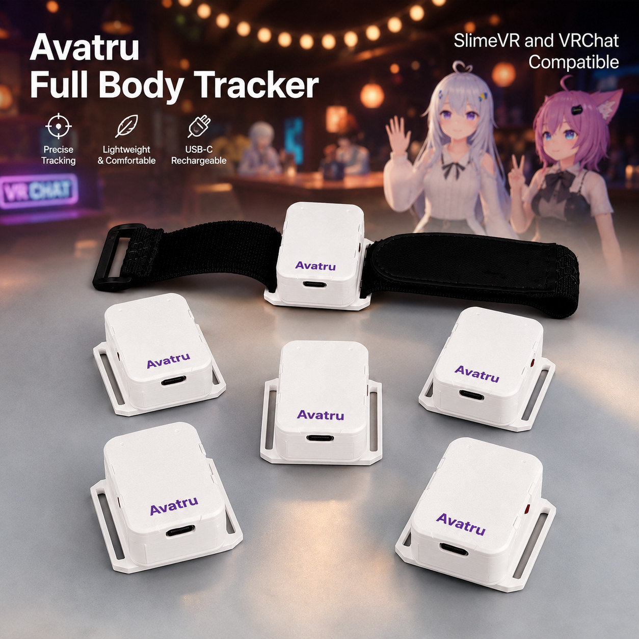 AVATRU Full Body Trackers Compatible with SlimeVR, VRChat, SteamVR, FBT 6 Pack