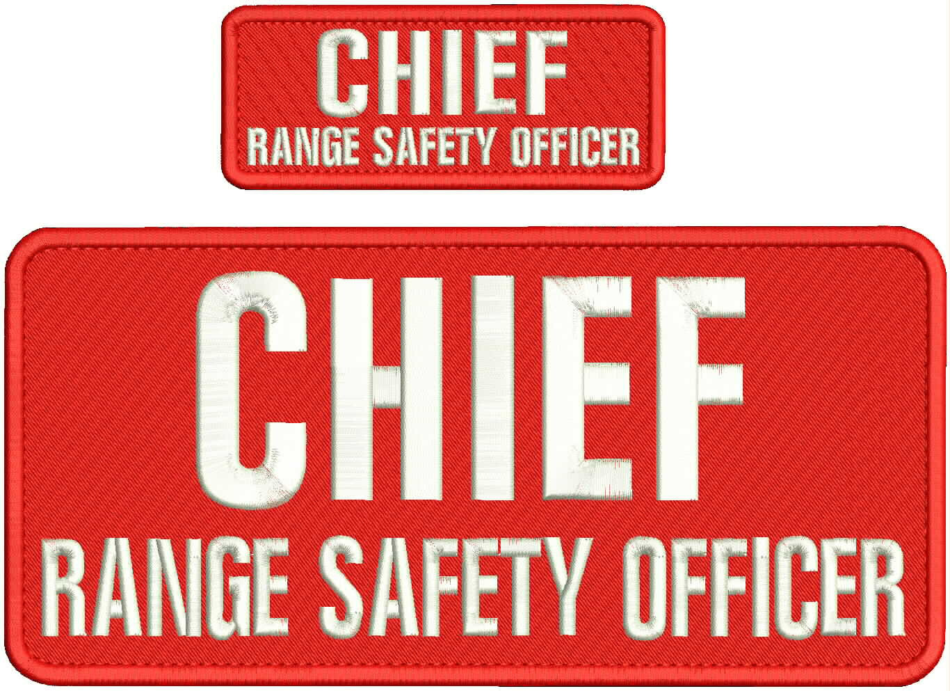 CHIEF RANGE SAFETY OFFICER  EMB PATCH 11X5 AND 5X2 HOOK ON BACK white on red