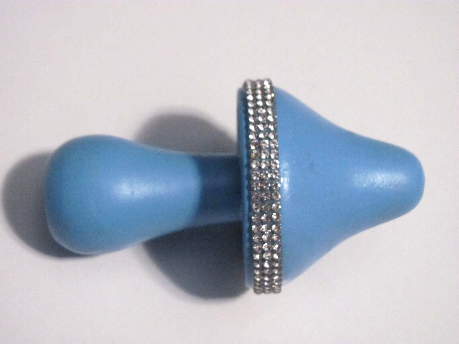 HAND DECORATED 3.5 INCH BLUE WOODEN MUSHROOM WITH CLEAR RHINESTONE ACCENTS