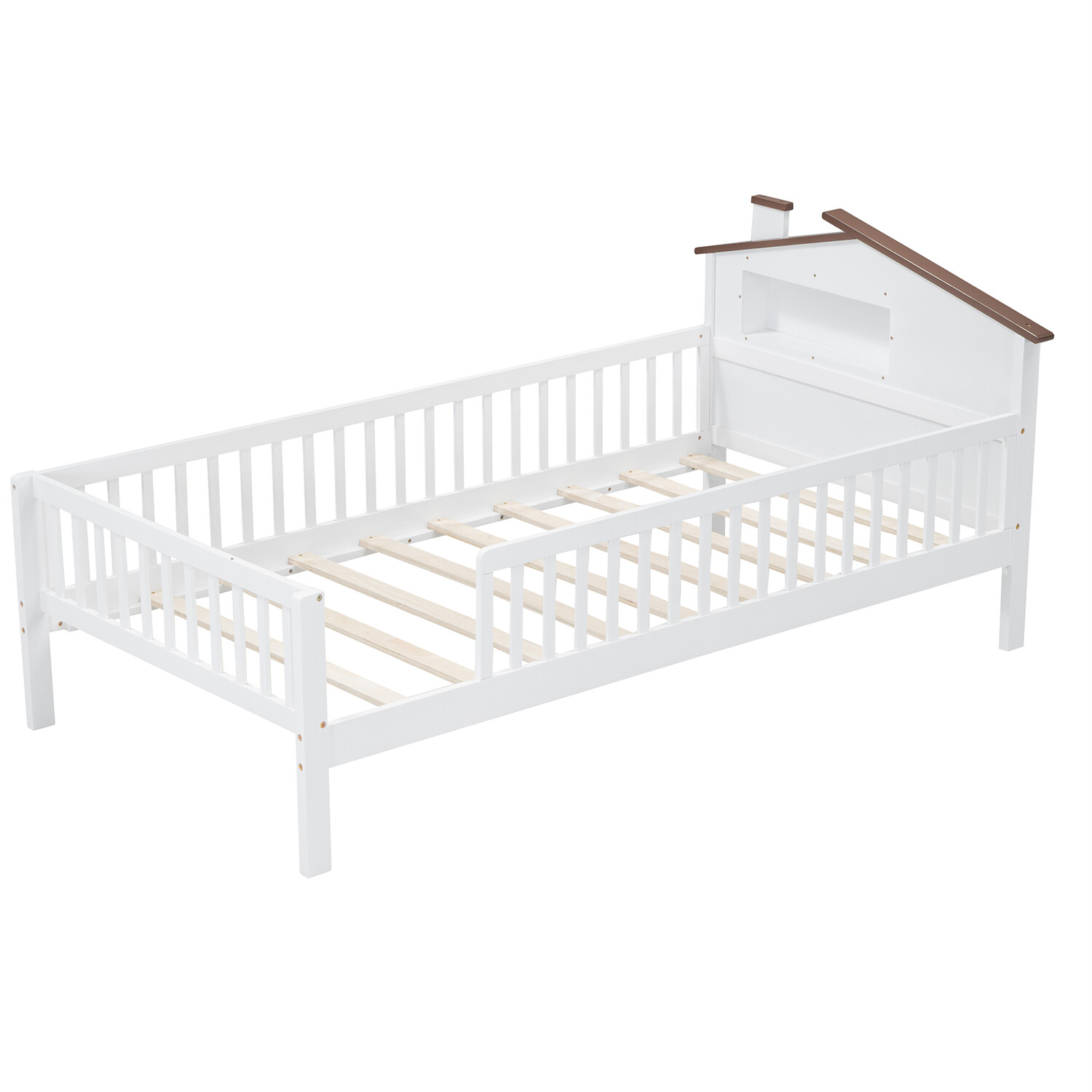 Twin/Full Size Bed Frame Wood Platform Bed with Storage Headboard White/Natural