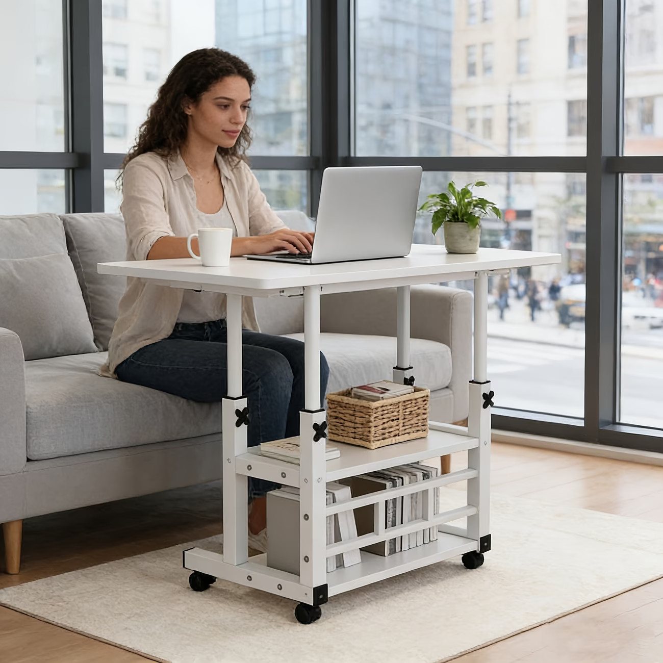 Standing Desk Crafting Workstation Shelving Mobile Computer Desk with Wheels