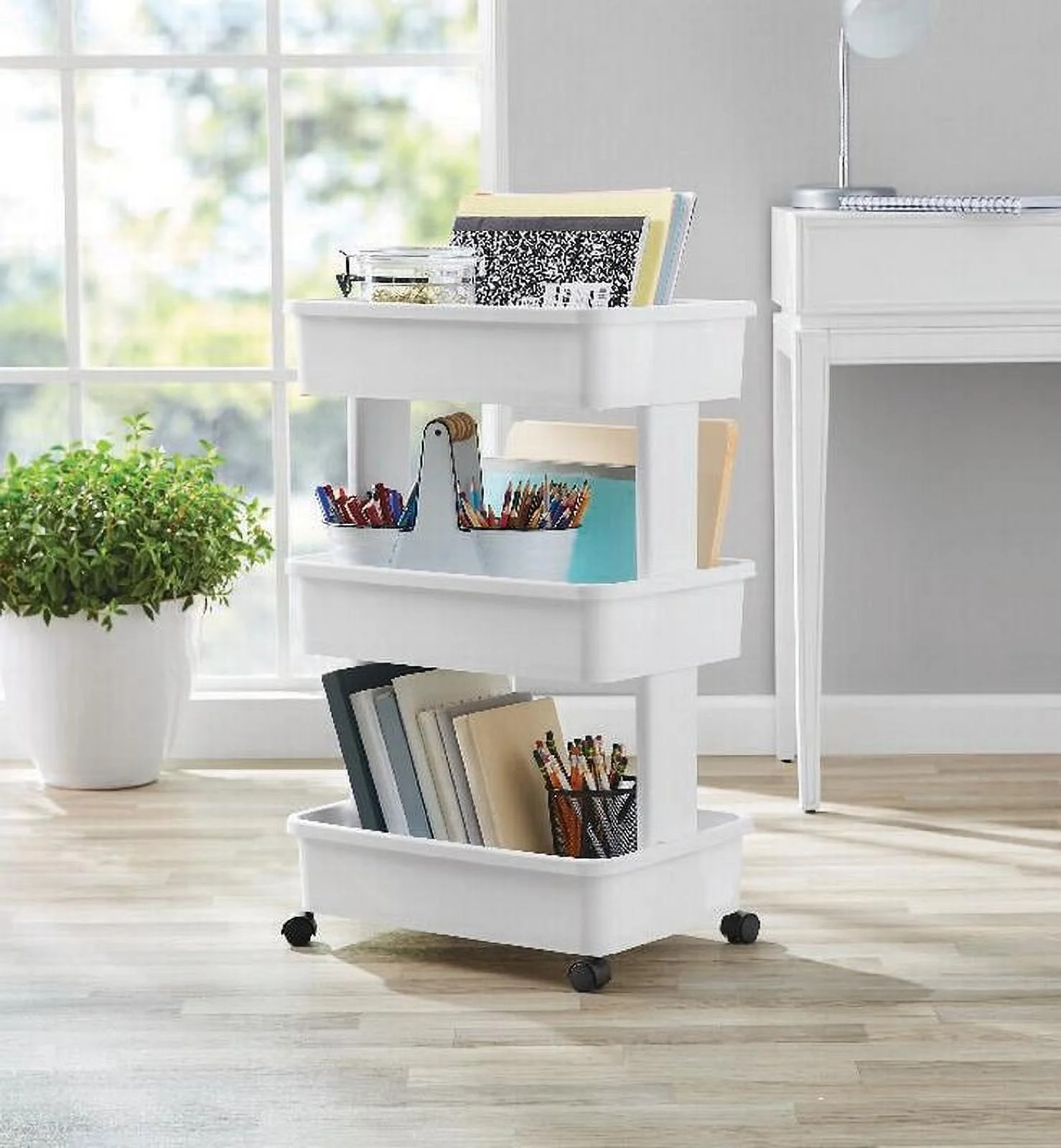 Mainstays 3-Tier Plastic Rolling Laundry Cart, Arctic White