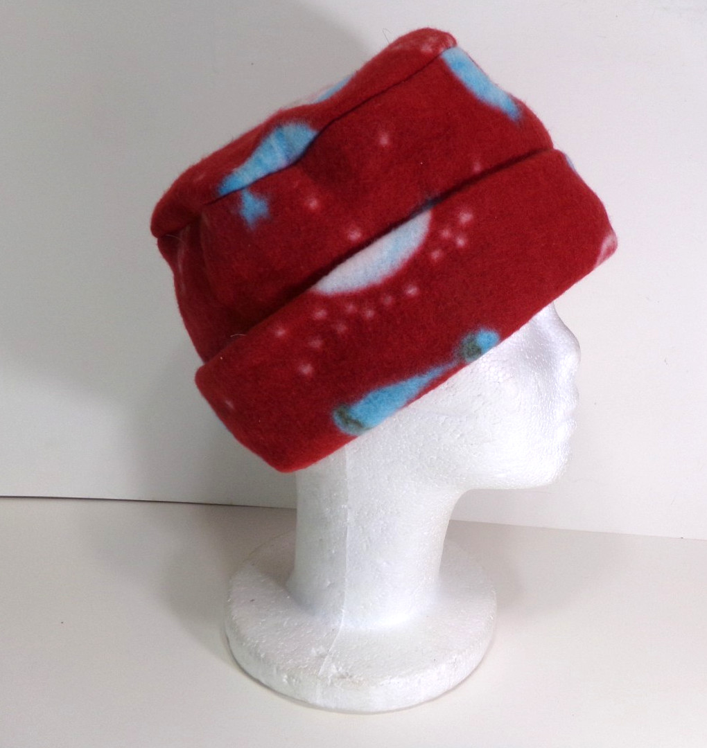 RED SNOWMAN    FLEECE ROLLED BRIM WINTER HAT THERMAL STRETCHY WARM  h88cr