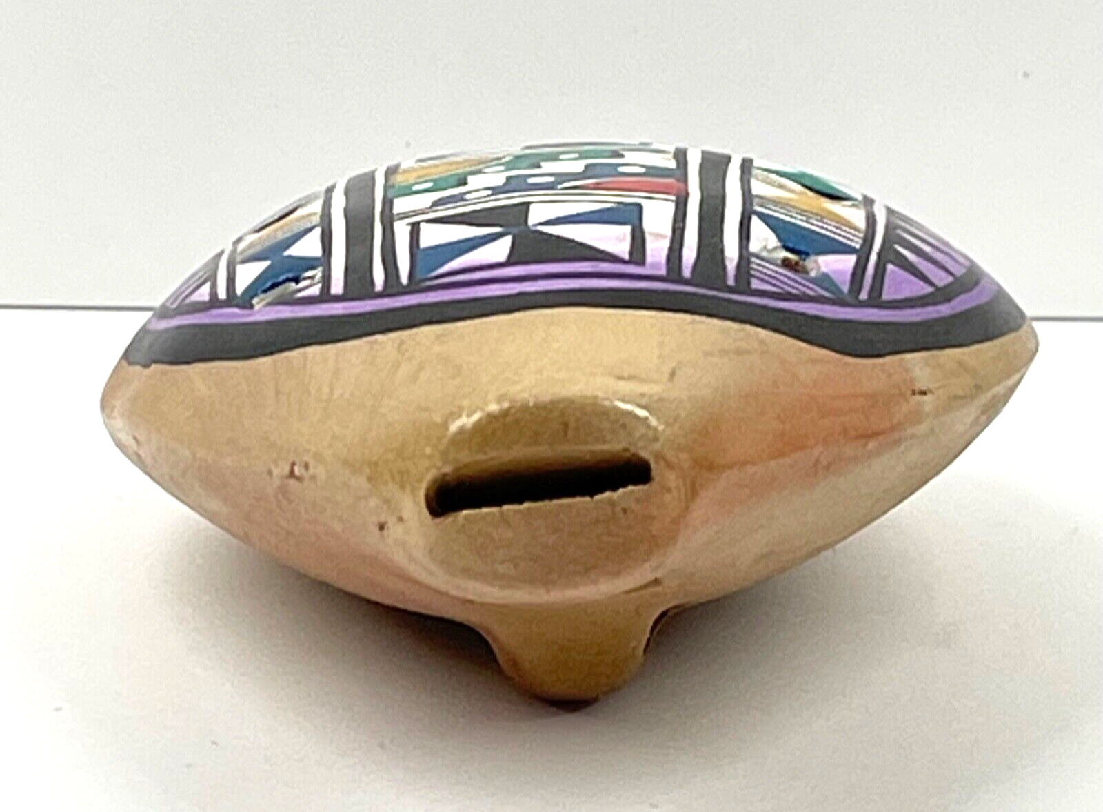 Peruvian Clay Multi-Color Geometric Pattern Folk Art Face Collector Whistle