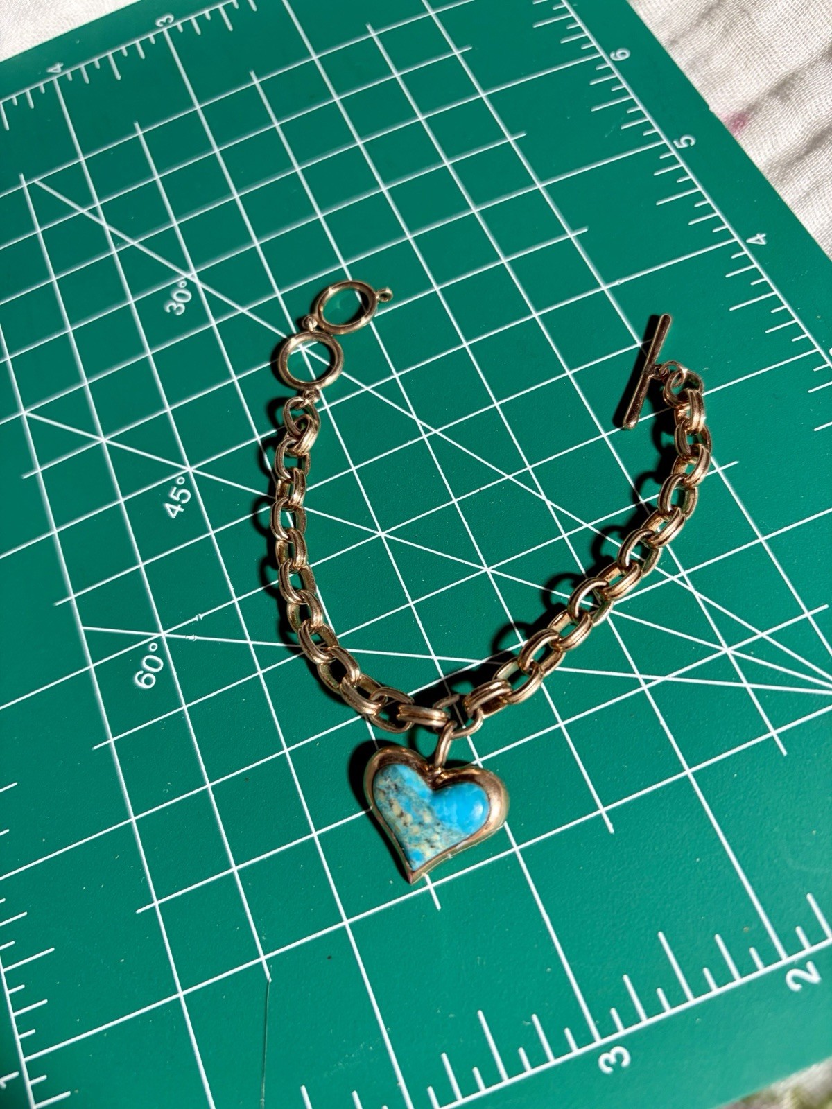 Heart Shaped Turquoise Copper Bracelet Measuring 7 Inches