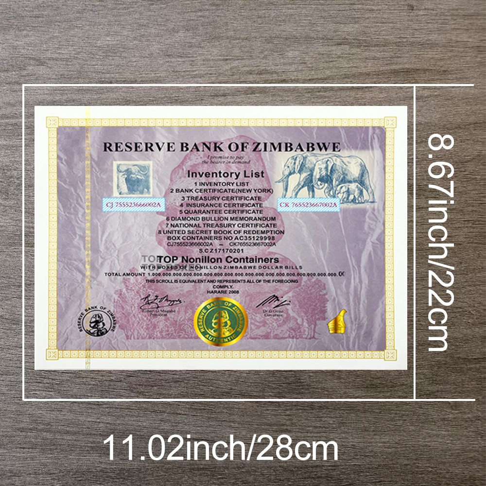 100pcs Zimbabwe Banknotes Certificates Top Nonillon Containers with Wooden Box