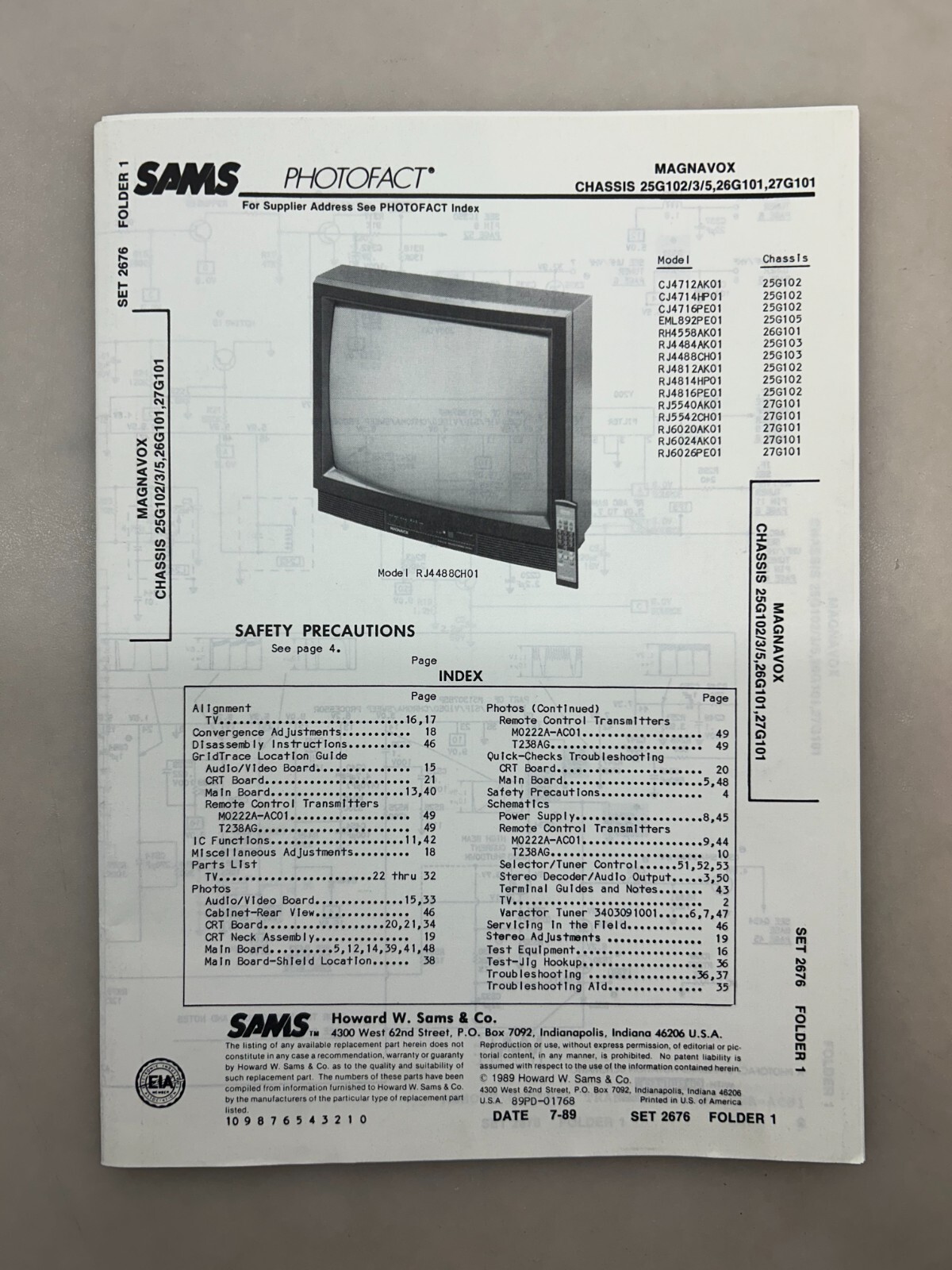 Magnavox 25G102 26G101 27G101 Service Manual Sams Photofact Free Shipping