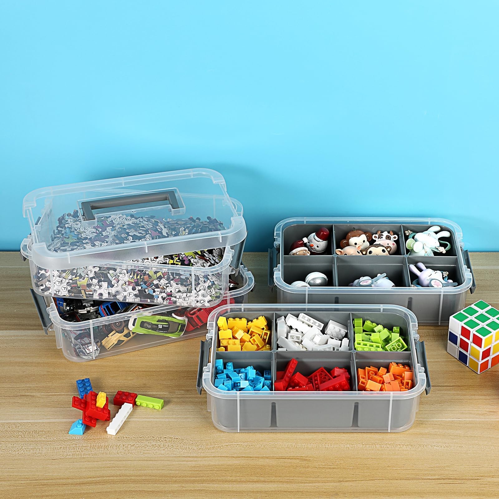 4-Tier Stackable Plastic Storage Bins with Lids & Handle - Clear Organizer for C