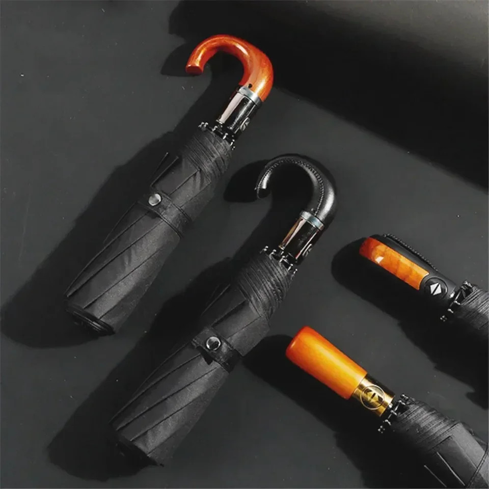 Automatic Folding Umbrella Windproof Wood Handle Business Large Rain Sun Use