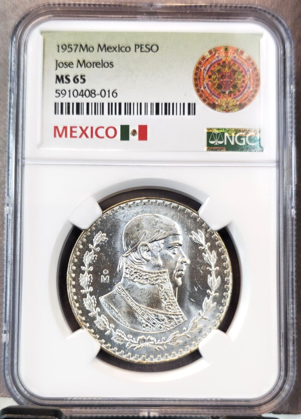 1957 MEXICO SILVER 1 PESO JOSE MORELOS NGC MS 65 FIRST YEAR BEAUTIFUL GEM COIN