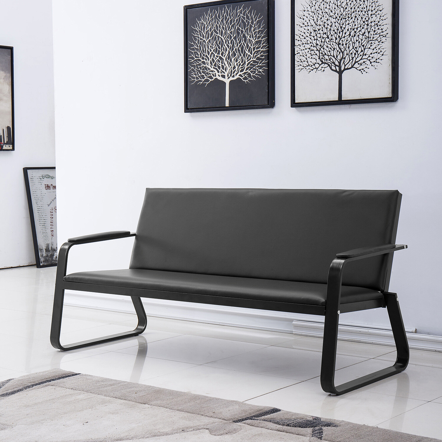 Black Reception Bench Chair Office Guest Waiting Room PVC Leather Steel Frame