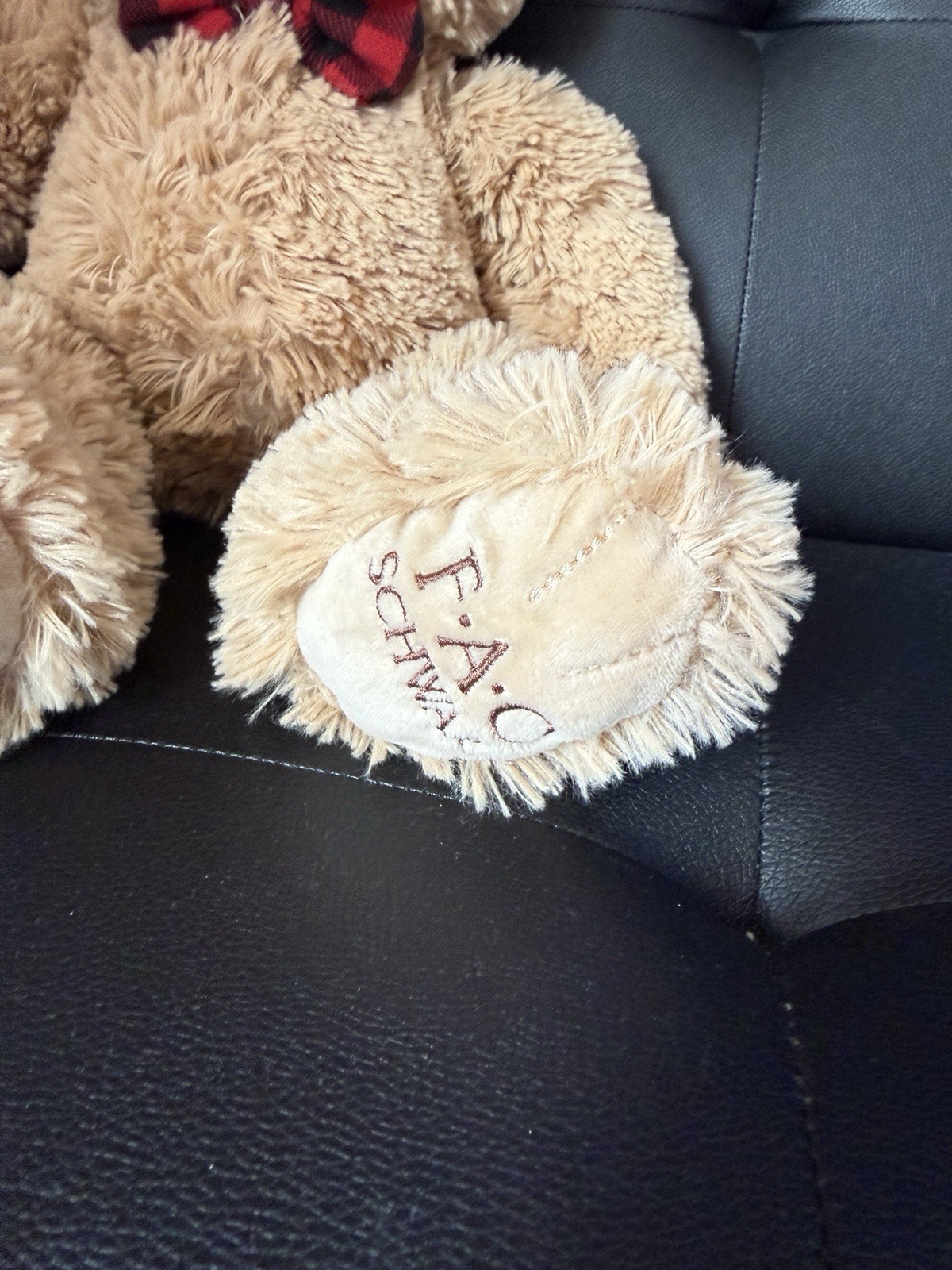 FAO Schwarz Bear Plush 18” Tan w/Red & Black Bowtie