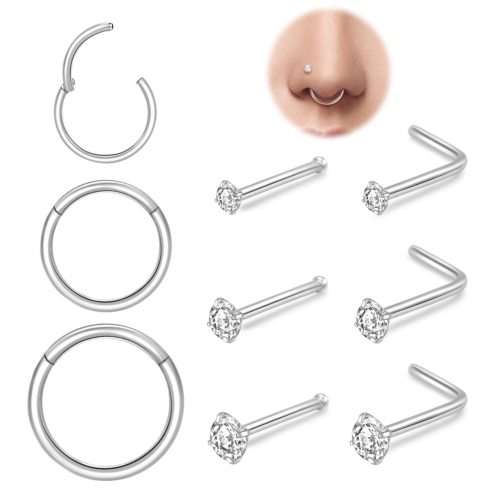 18G Surgical Steel Nose Rings Set,14K Gold Plated Hypoallergenic L Shape CZ S...