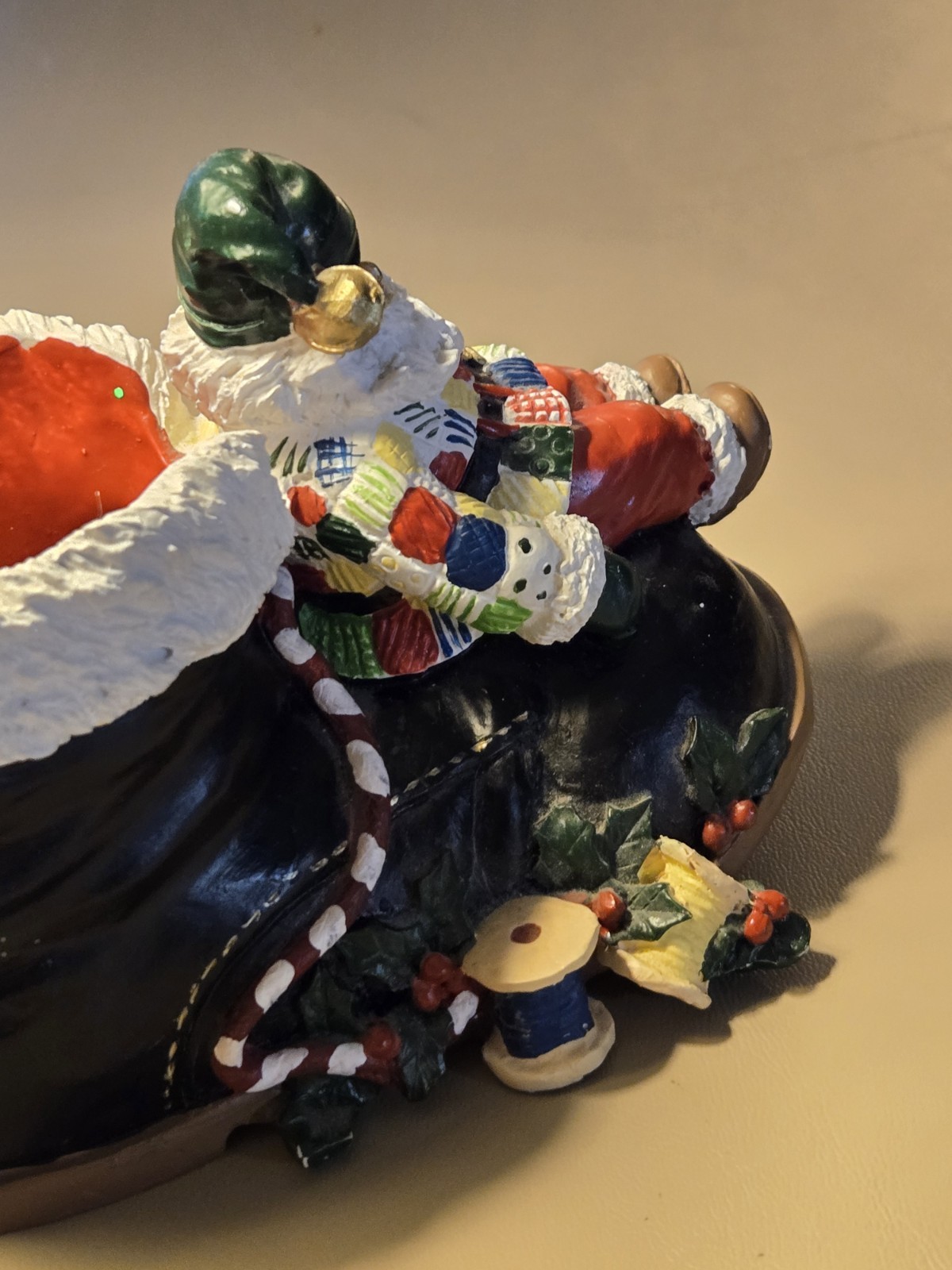 Sleeping Santa In A Boot Ceramic Planter Sewing Thread Holiday Decor