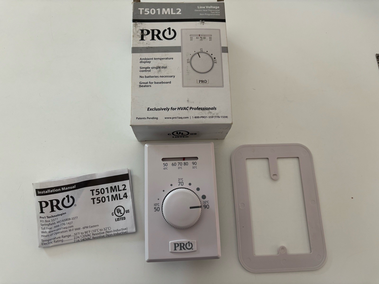 PRO1 T501ML2 Line Voltage Electric Heat Thermostat 2-Wire, Non-Programmable