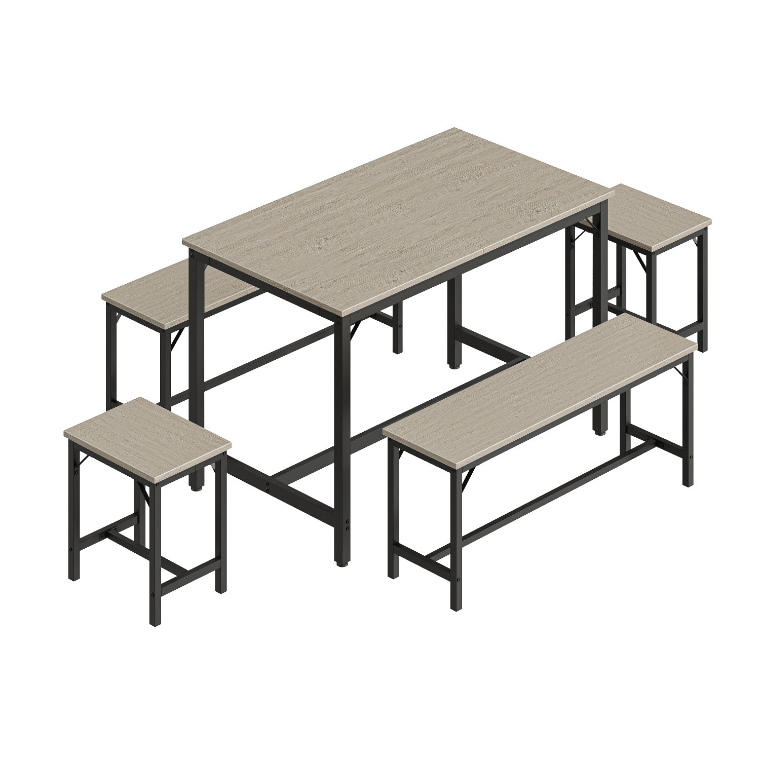 5 Piece Extendable Dining Table Set Wood Tabletop Steel Frame 2 Benches 2 Stools