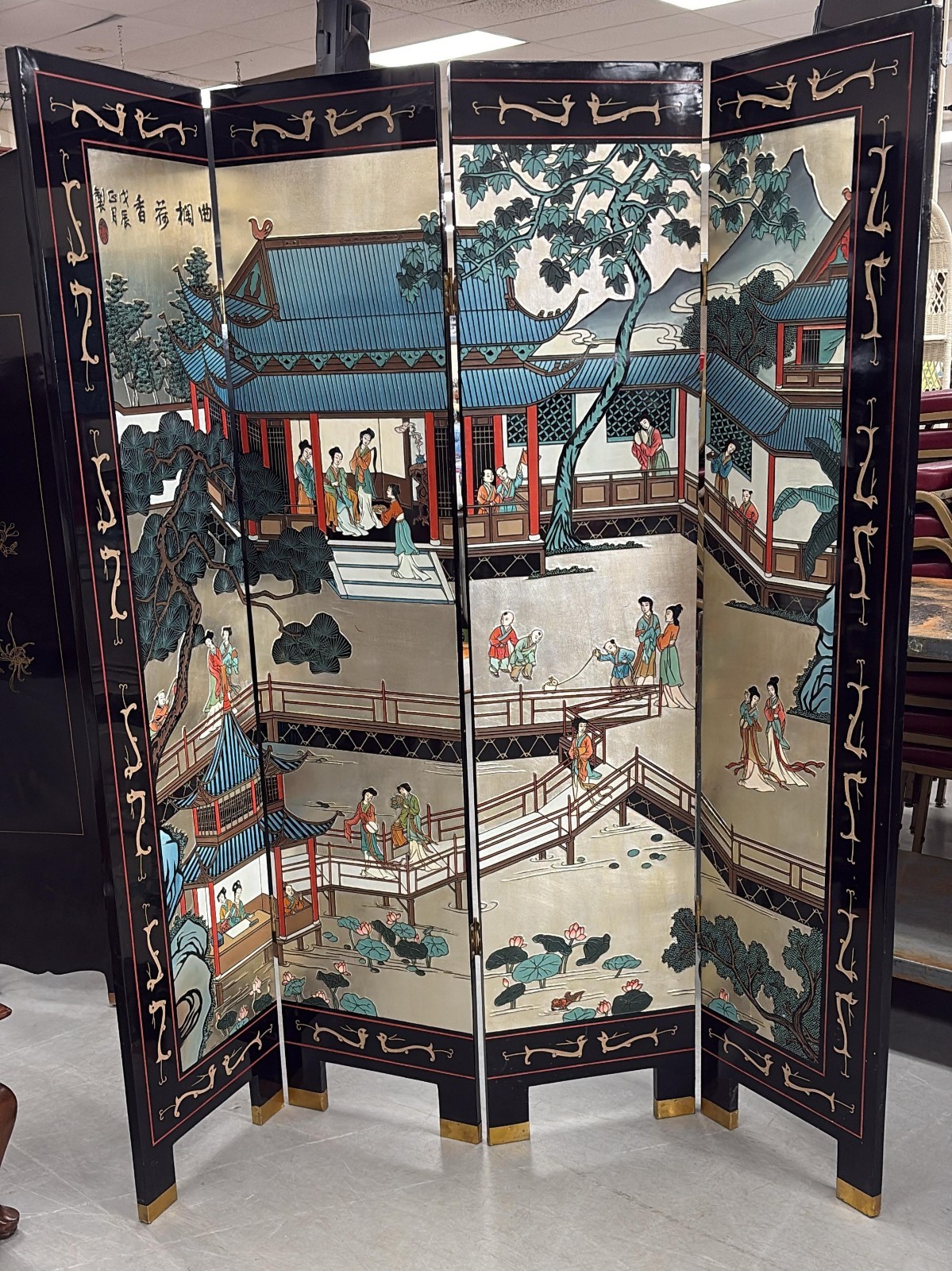 1950s Chinese Coromandel Lacquer Screen Divider Screen