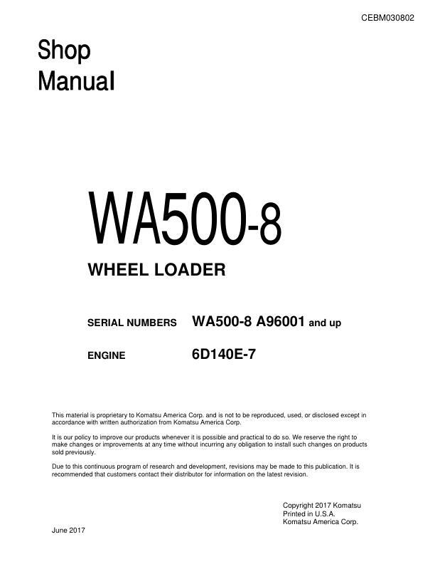 Komatsu WA500-8 Wheel Loader Repair Shop Service Manual Workshop Book