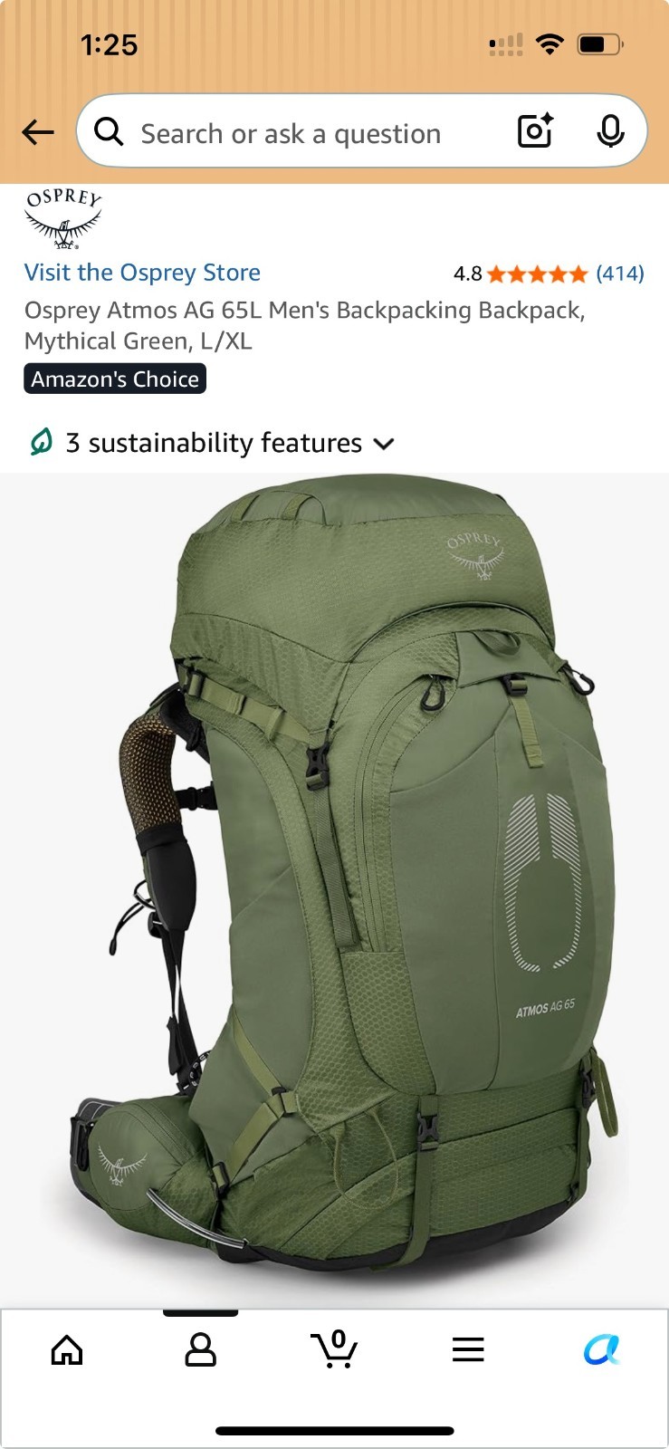 Osprey Atmos AG 65L Men's Backpacking Backpack, Mythical Green, L/XL - Used Once