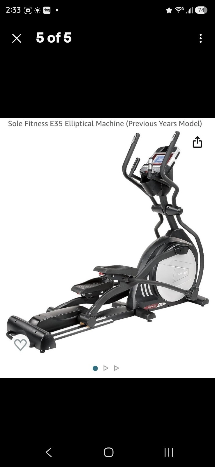 SOLE E35 Elliptical Machine Incline Adjustment Fan MP3 Articulating Pedals