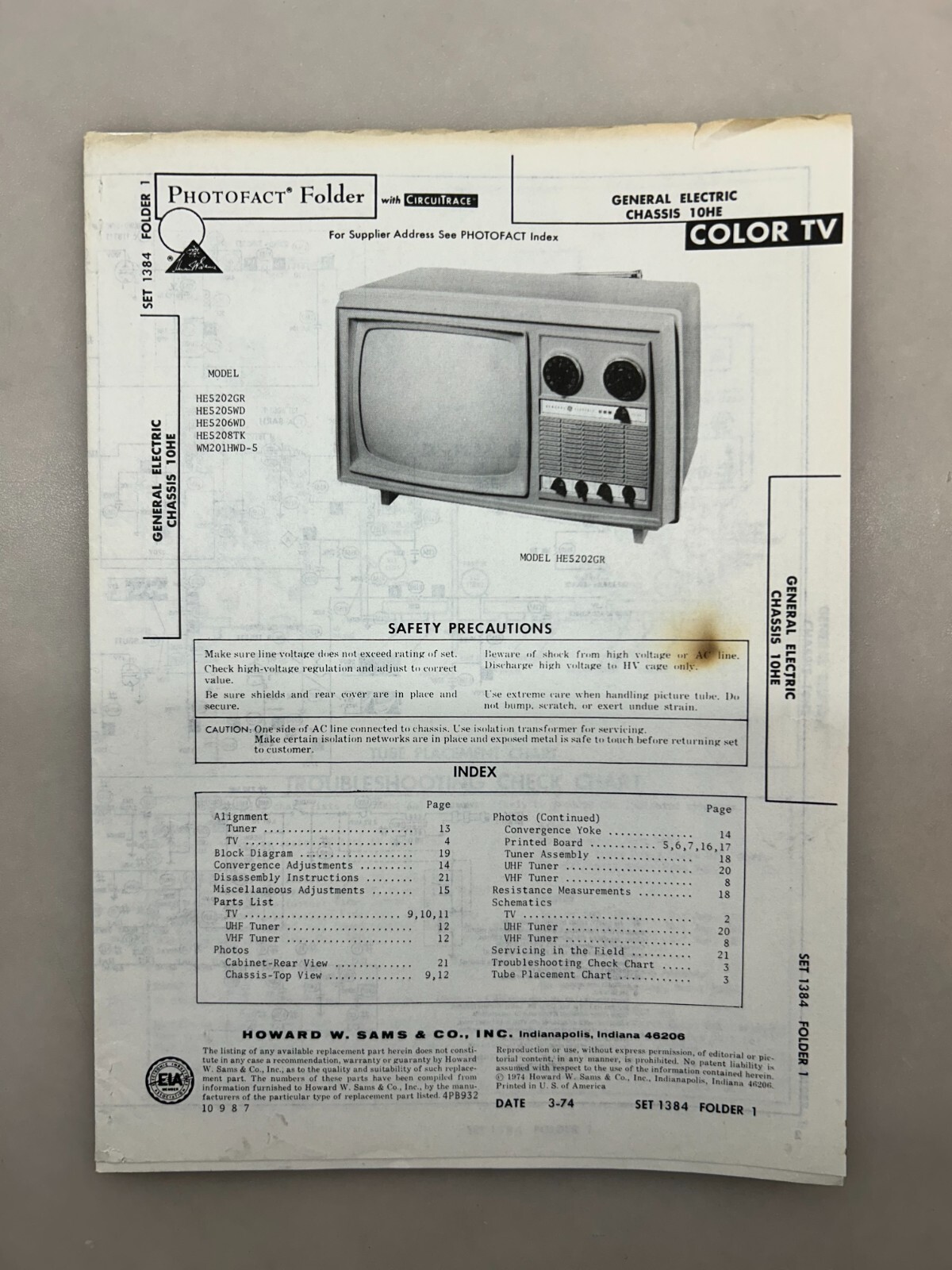 General Electric 10HE Service Manual Sams Photofact Free Shipping