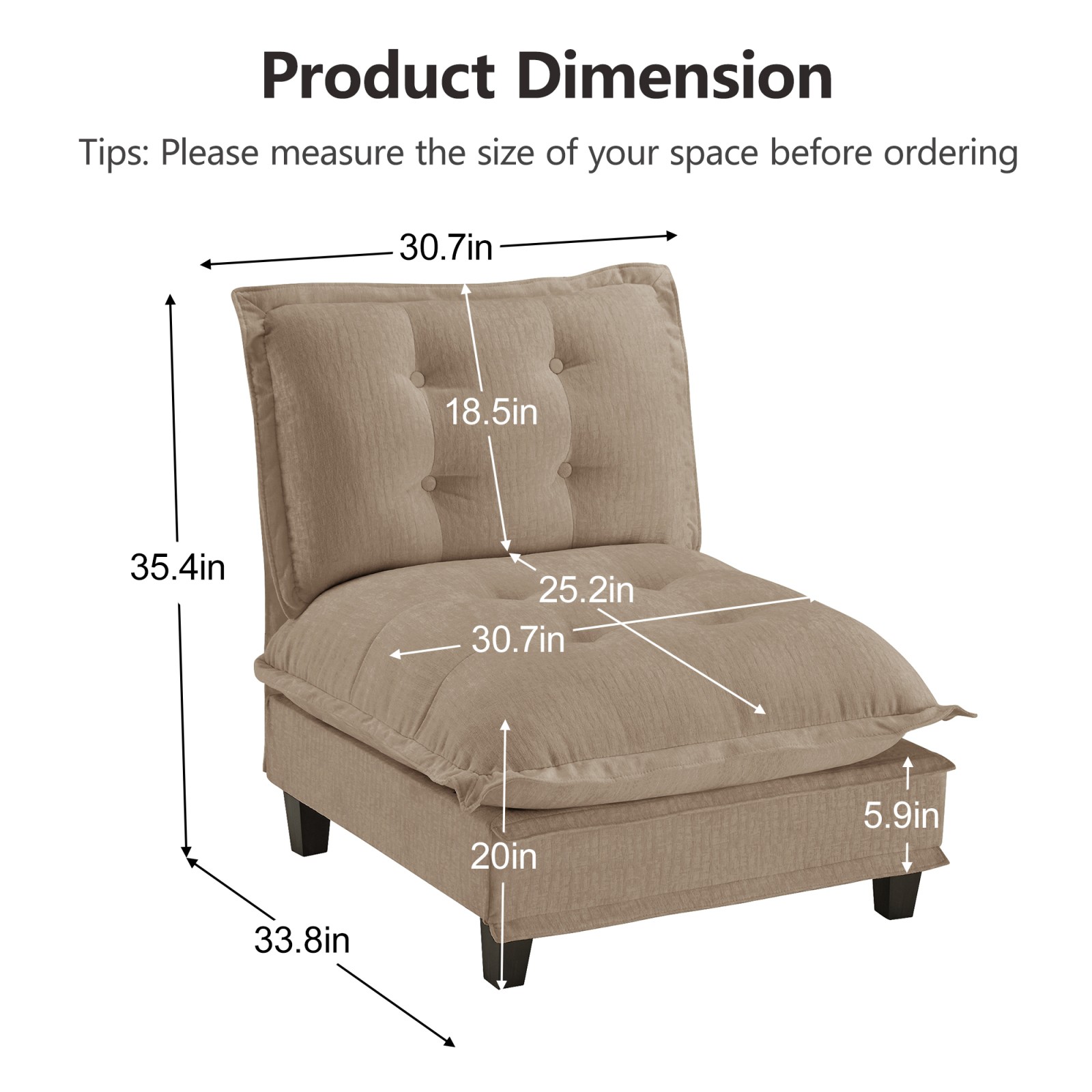 73" Armless Sofa Chenille Light Brown Modular Sectional