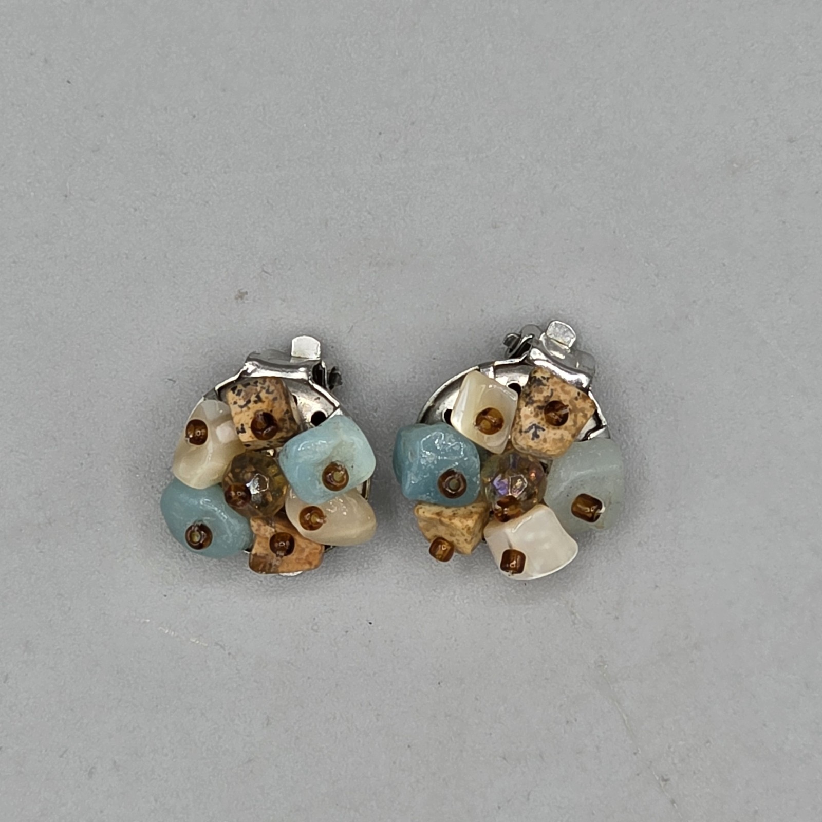Vintage Multi Stone Bead Cluster Clip-On Silver Tone Earrings