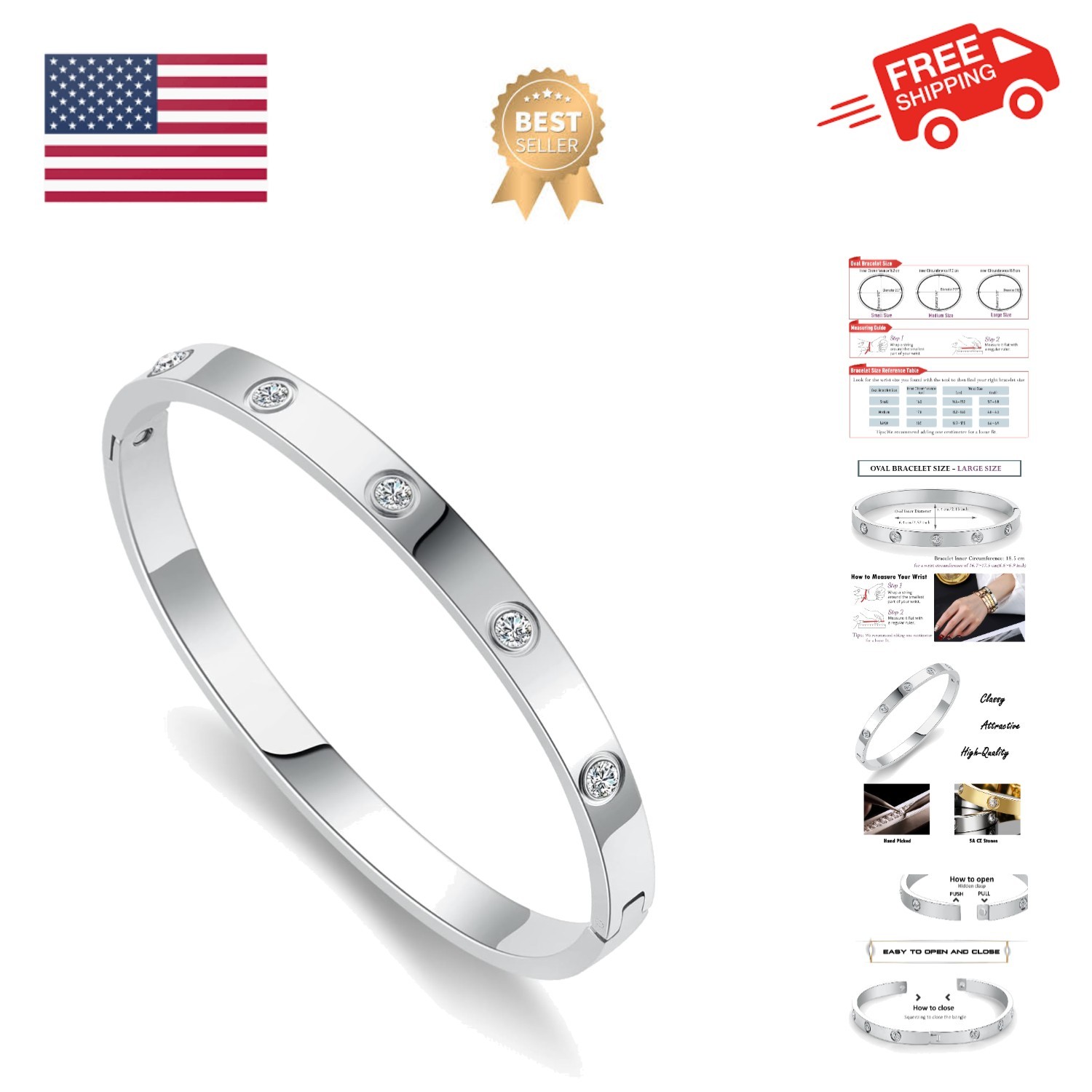 18K Gold-plated Bracelets for Women Friendship Love Bangle Bracelets Stainles...