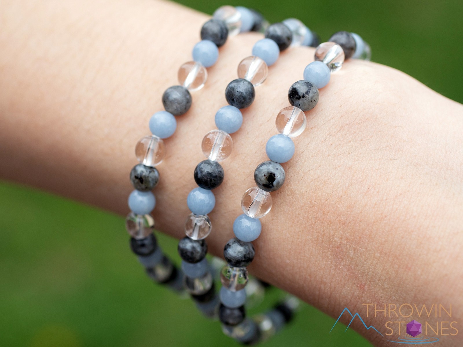 ANGELITE, Clear QUARTZ, & LABRADORITE Crystal Bracelet - Round Beads, E1989