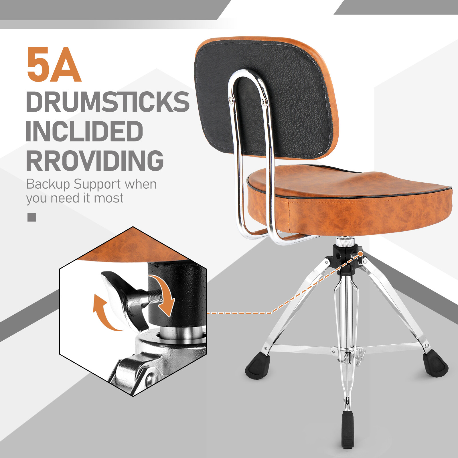 Drum Throne with Backrest, Drum Stool Adjustable Height With 5A Drumstick