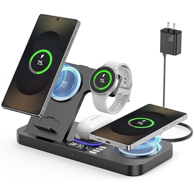 6-in-1 Magnetic Wireless Charging Station 30W Fast Charger Clock Night Light