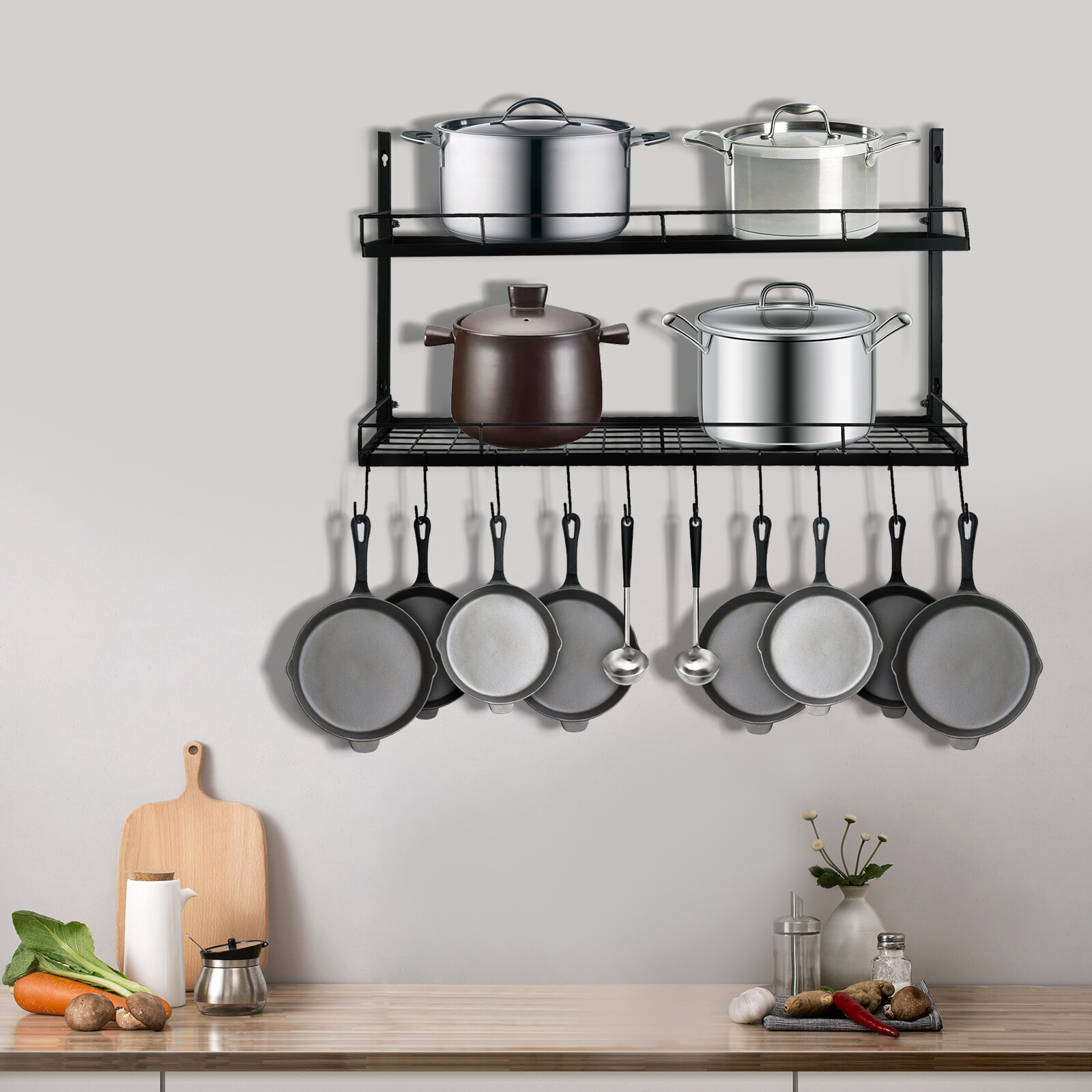Hanging Pot Rack Wall Mounted 2 Tiers Pot and Pan Hanging Rack with 10 Hooks
