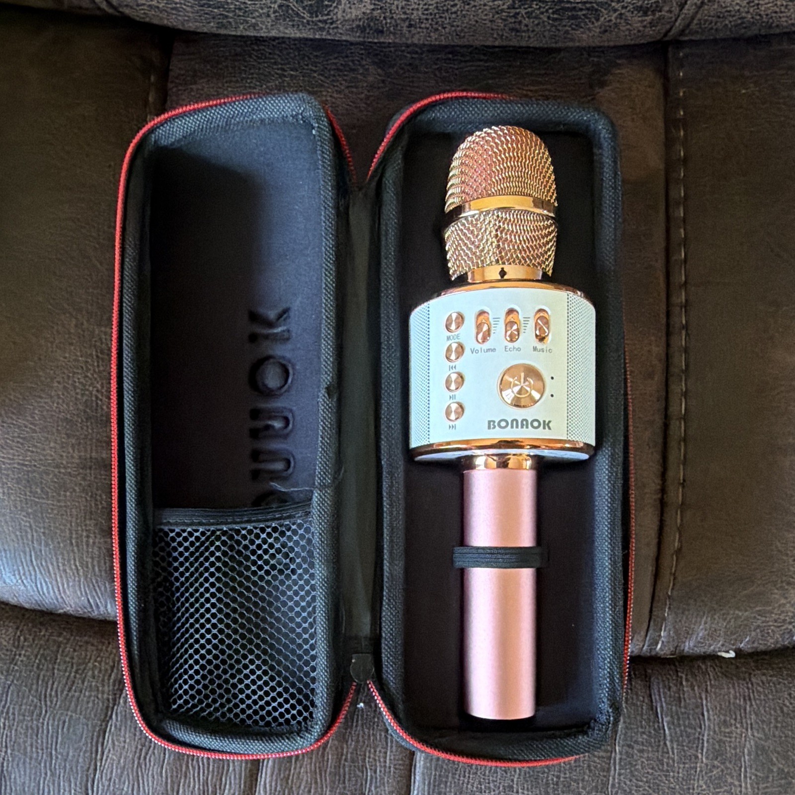 BONAOK Wireless Karaoke Handheld Condenser Microphone w/ Case Pink/Gold