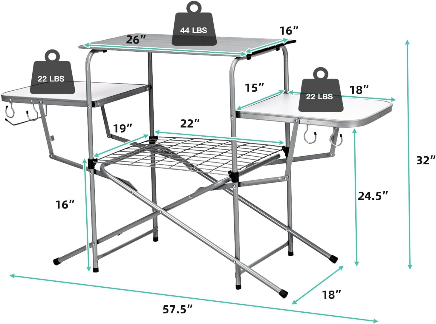 Folding Grill Table, Aluminum Camping Table with 26'' Main Tabletop, Hooks and C